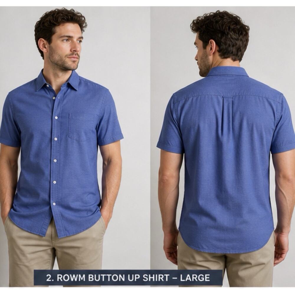 ROWM Button Up Shirt Mens Large Blue Short Sleeve Stretch Casual Pocket